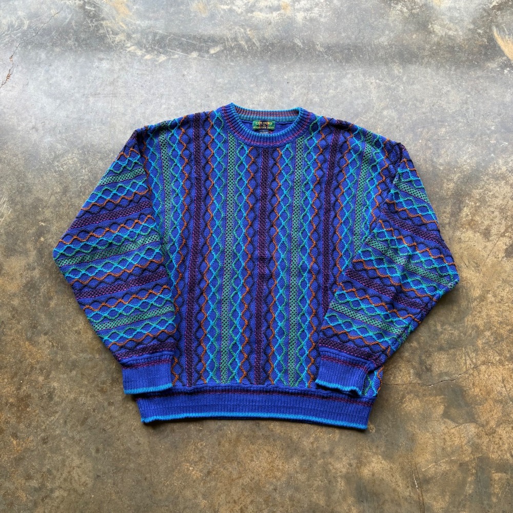 Vintage Colours‎ 3D Knit Sweater Mens Large Blue 90s Coogi Style